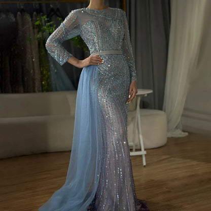 Muslim Gold Mermaid Elegant Beaded Luxury Dubai Evening Dresses Gowns For Women Wedding Party 2025 LA71429
