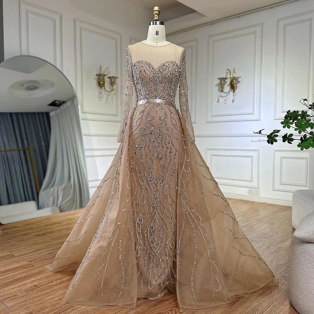 2025 Pink Beaded Saudi Arabic Mermaid Evening Gown with Sheer Long Sleeves for Formal Occasion LA72875