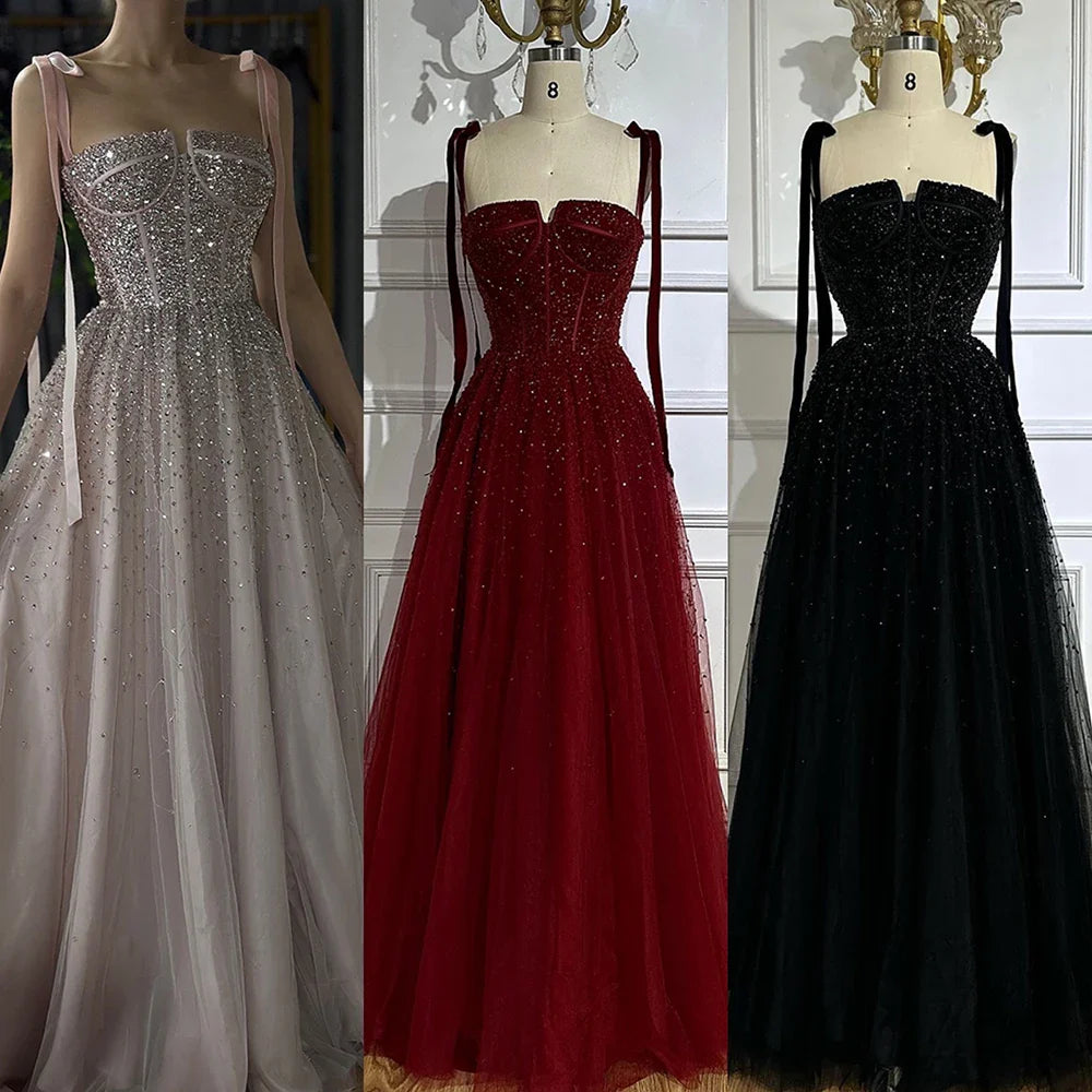 Luxuriöses Abendkleid aus Saudi-Arabien, weinrot, mit Perlen besetzt, Spaghettiträger, bodenlang, für formelle Anlässe, LA70600A