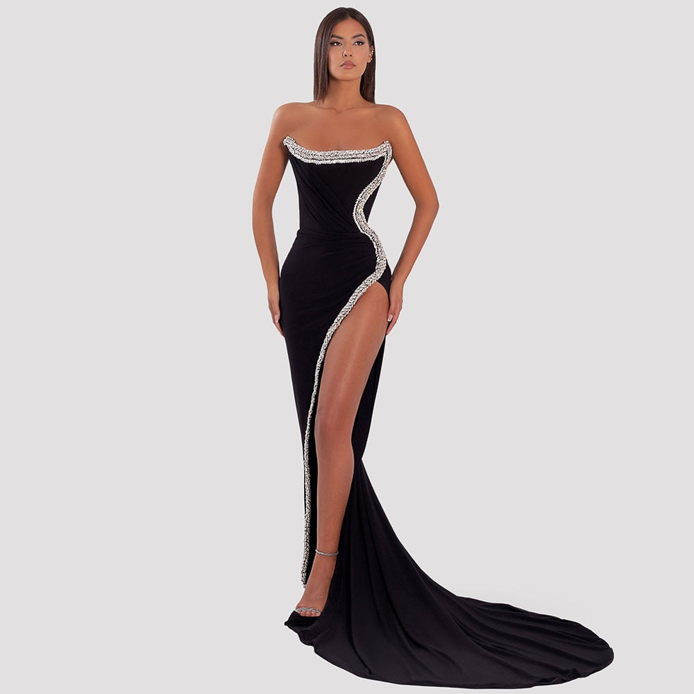 Vestido de noche árabe negro de sirena, sexy, con abertura alta y hombros descubiertos, con cuentas, para mujer, fiesta, LA72016 