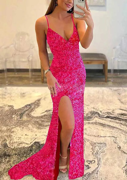 2025 Arabic Blue Mermaid Spaghetti Straps Sparkly Sequined Prom Dress with Split for Women's Party LA72687