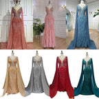 Arabisch Blau Meerjungfrau Elegant Mit Cape Luxus Perlen Feder Dubai Abendkleider Kleider für Frauen Party LA71583B 