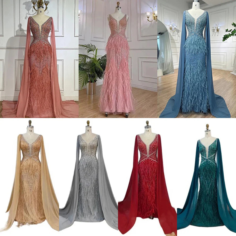 Arabisch Blau Meerjungfrau Elegant Mit Cape Luxus Perlen Feder Dubai Abendkleider Kleider für Frauen Party LA71583B 