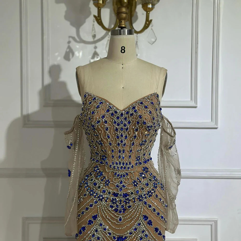 Luxuriöses blaues Abendkleid mit Perlen für formelle Anlässe LA72858