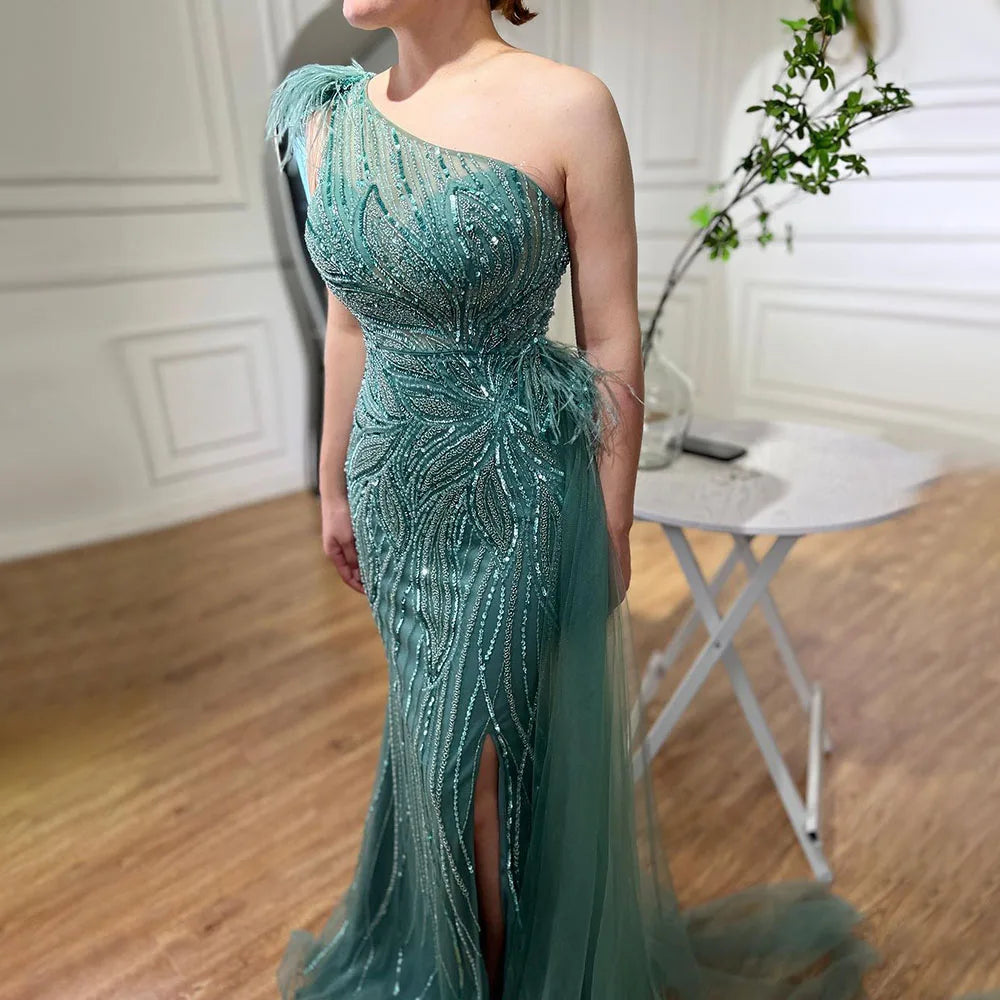 Türkis Meerjungfrau Sexy High Split Mit Rock Perlen Federn Abendkleider Kleider 2025 Für Frauen Party LA71955 