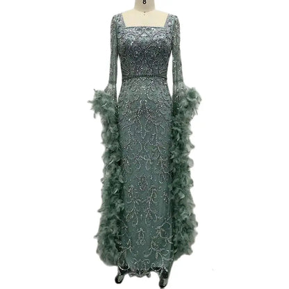 Vestidos de noche de lujo con mangas acampanadas, corte sirena, turquesa, con cuentas y plumas, para ocasiones formales 2025 LA72767 