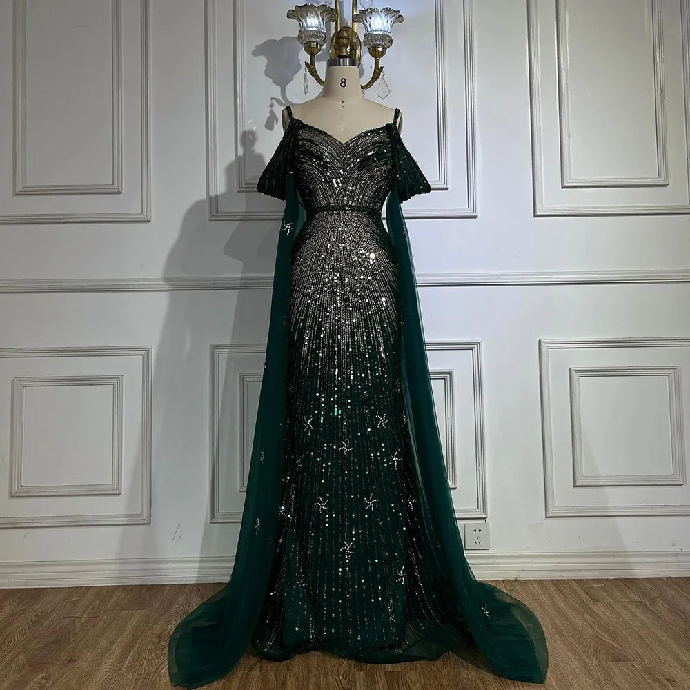 2025 Spaghetti Strap Blue Mermaid Beaded Luxury Evening Dress with Cape Sleeves for Formal Occasion Saudi LA72707