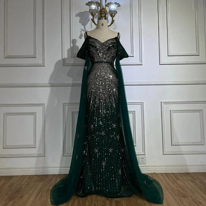 2025 Spaghetti Strap Blue Mermaid Beaded Luxury Evening Dress with Cape Sleeves for Formal Occasion Saudi LA72707
