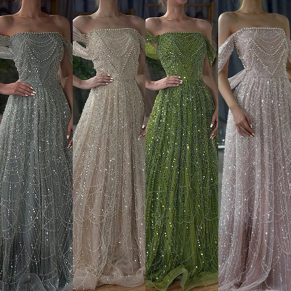 2025 Saudi Arabic Nude Pearls Beaded Design A-Line Evening Dresses Gowns for Formal Occasion LA72738