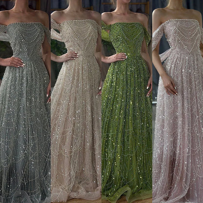 2025 Saudi Arabic Nude Pearls Beaded Design A-Line Evening Dresses Gowns for Formal Occasion LA72738