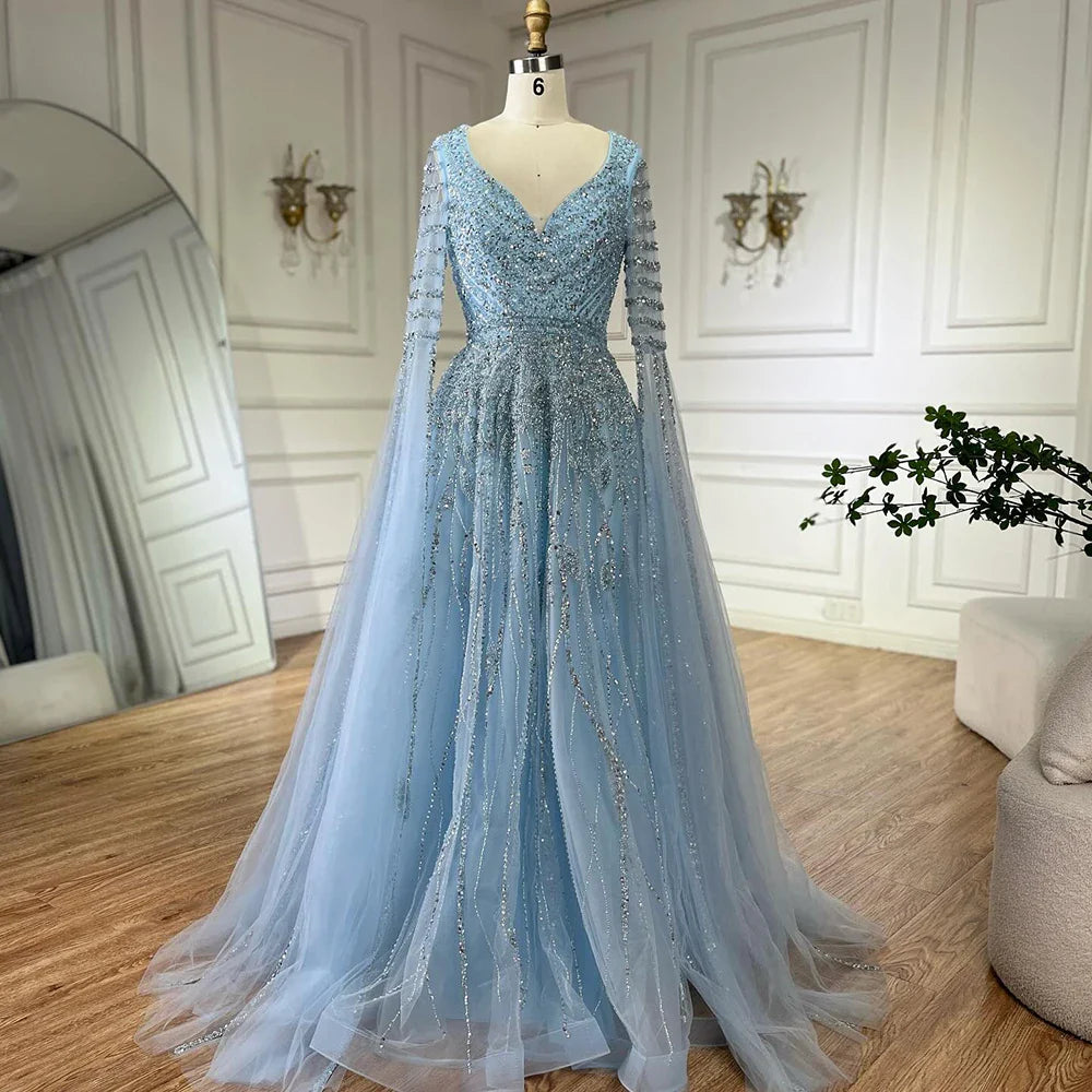 2025 Arabic Caramel Elegant A-Line Beaded Long Evening Dresses Gowns with Cape Sleeves for Formal Occasion LA72750