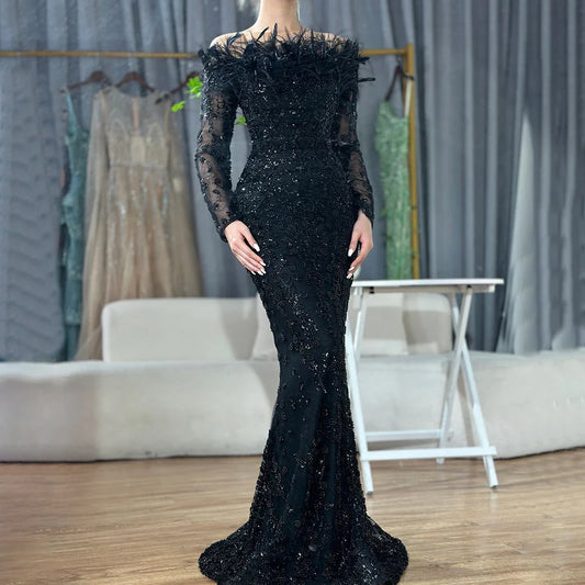 Luxury Dubai Green Boat Neck Mermaid Elegant Feathers Beaded Evening Dresses Gowns For Woman Wedding Party LA72553