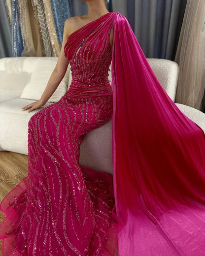 Vestido de noche elegante de sirena azul con un solo hombro y mangas estilo capa con cuentas, de lujo, para mujer, fiesta 2025 LA72323 