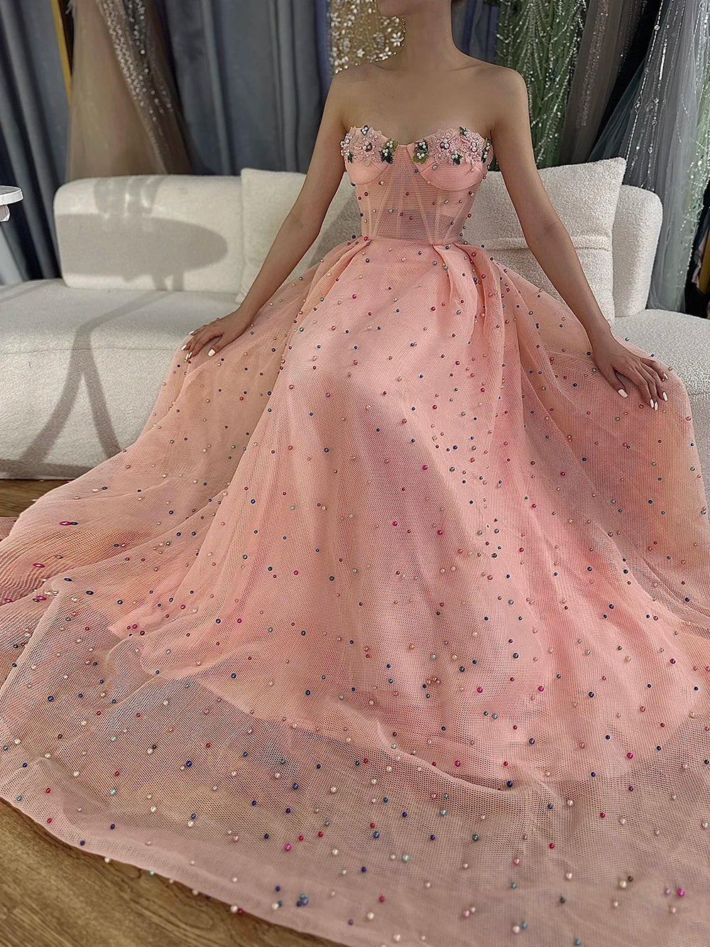 Vestido de noche de tul ilusión sin mangas con flores de colores y perlas, moda playera LA6490