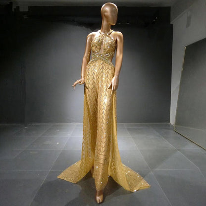 Gold Luxus Overall Abendkleider Kleider 2025 Perlen Sexy Überrock Für Frauen Party LA71505 