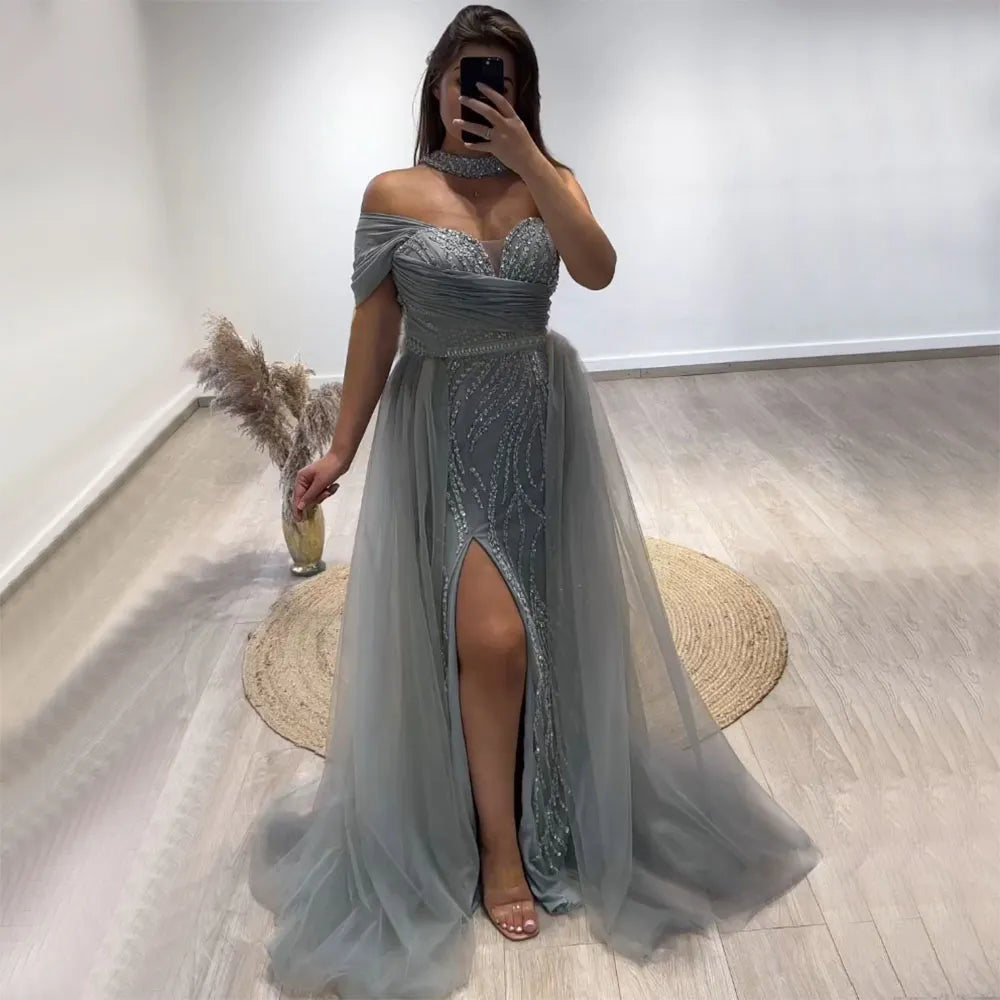 Vestido de noche árabe turquesa sexy de un hombro con cuentas y corte sirena, abertura alta, para mujer, LA72203 