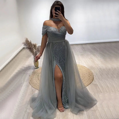 Vestido de noche árabe turquesa sexy de un hombro con cuentas y corte sirena, abertura alta, para mujer, LA72203 