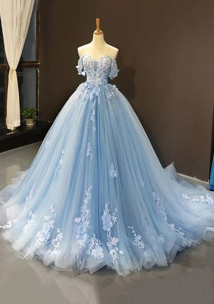 Vestido de fiesta árabe azul con hombros descubiertos de tul y apliques para mujer (2025) LA72679 