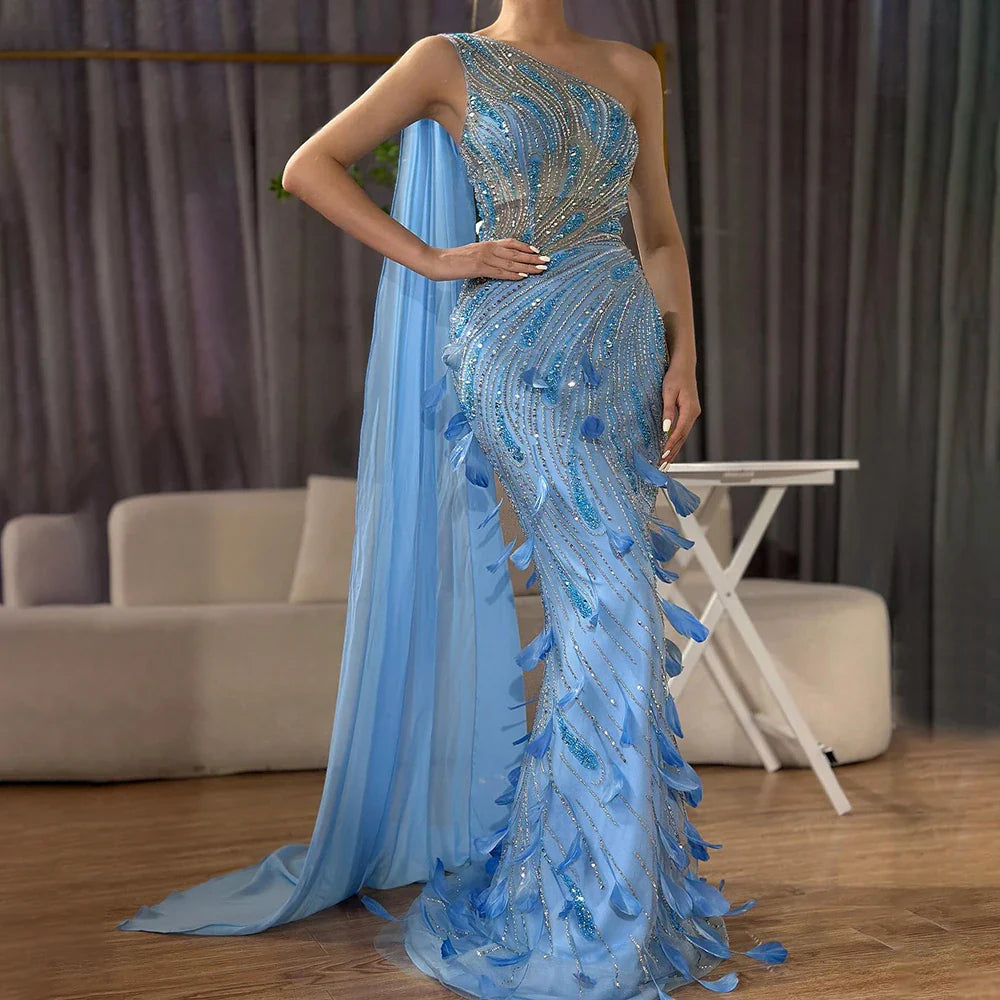 2025 Arabic Green One Shoulder Beaded Feathers Luxury Evening Gowns with Side Cape Shawl for Women's Party LA72698