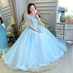 Lujoso vestido de princesa azul claro con hombros descubiertos Y309