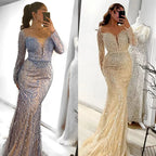 Luxury Dubai White Nude Mermaid Evening Dresses Long Sleeve LA72634