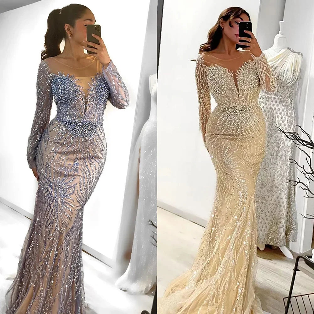 Luxus Dubai Weiß Nude Meerjungfrau Abendkleider Langarm LA72634