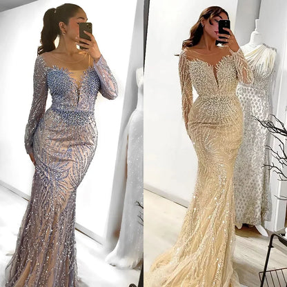 Luxus Dubai Weiß Nude Meerjungfrau Abendkleider Langarm LA72634