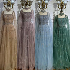 2025 Arabic Nude A Line Cape Sleeve Crystal Beaded Luxury Saudi Evening Dresses Gowns For Formal Occasion LA72764
