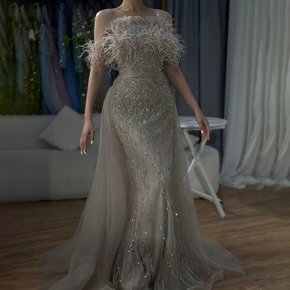 Vestido de noche de sirena azul con cuentas y sobrefalda de lujo de Dubái LA71634