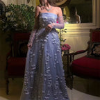Elegantes Pfirsich 3D Blumen Abendkleid mit Handschuhen Arabische Frauen Hochzeit Party LA72912 