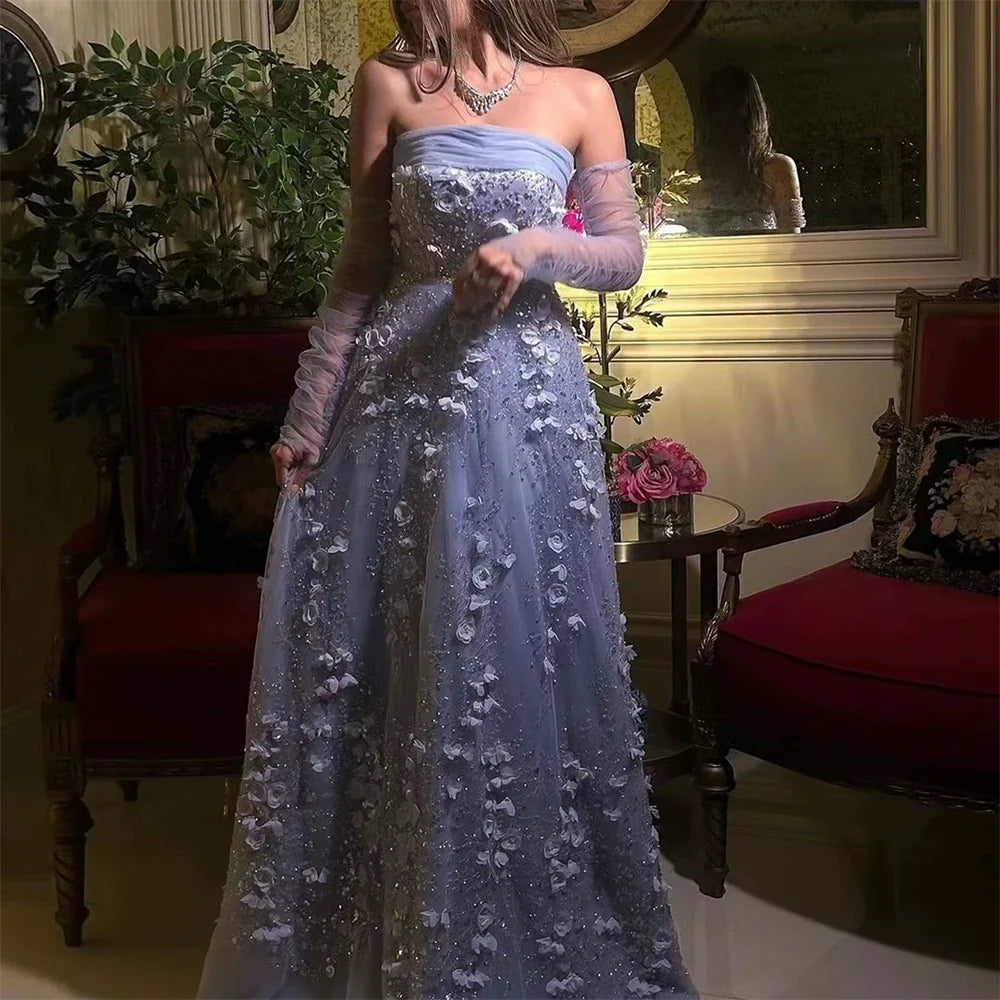 Elegantes Pfirsich 3D Blumen Abendkleid mit Handschuhen Arabische Frauen Hochzeit Party LA72912 