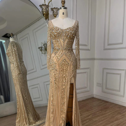 2025 Women Wedding Parties Dubai Arabia Luxury Beaded Evening Dresses Gowns Green Elegant Split Mermaid LA72518