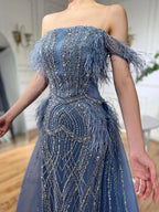 2025 Blue Mermaid Gown Luxury Feathers Beaded Saudi Evening Dress with Overlay Skirt for Formal Occasion LA72727
