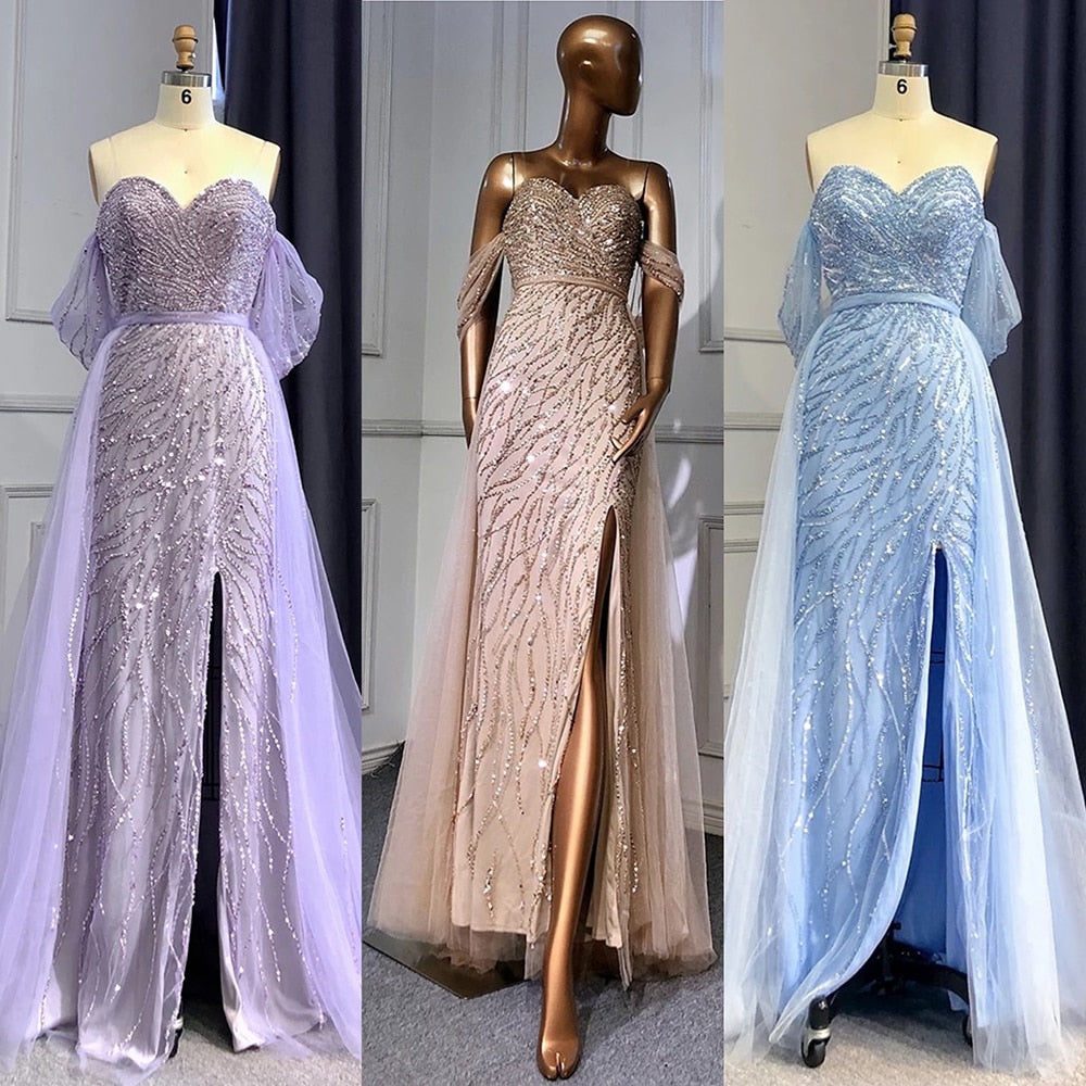 Vestido de noche azul de corte sirena con abertura alta, elegante, de lujo, con cuentas, para mujer, fiesta, LA71595 