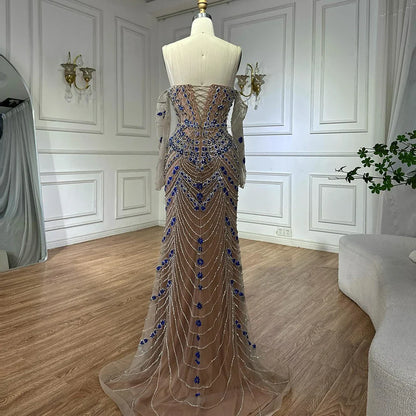 Luxuriöses blaues Abendkleid mit Perlen für formelle Anlässe LA72858