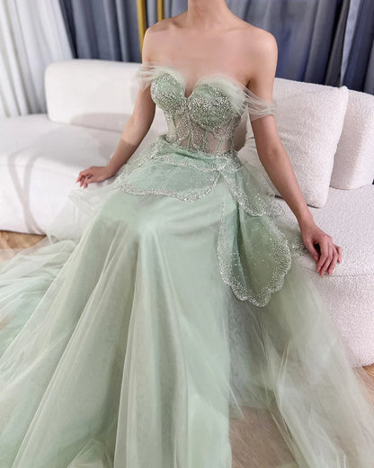 Arabisches Salbeigrünes A-Linien-Abendkleid mit eleganter Schulterpartie und luxuriösen Perlen für Damen, Hochzeitsfeier 2025 LA72605 