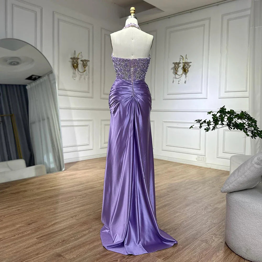 2025 Arabic Lilac Halter Neck Side Split Mermaid Luxury Dubai Evening Gown Beaded Dress for Women's Party LA72668