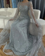 2025 Luxury Dubai Blue Cape Sleeves Alina Beaded Stone Arabic Evening Gowns for Women Wedding Party LA72635