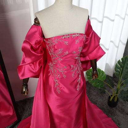 Vestido de noche árabe fucsia de satén con escote sirena, sin tirantes y chaqueta con cuentas, para mujer, boda, fiesta, LA71896 
