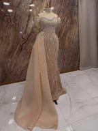 Nude Luxus Perlenbesetztes Meerjungfrau Abendkleid mit Überrock LA72911 