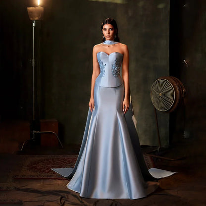 2025 Saudi Blue Strapless Mermaid Satin Evening Dress Gown with Long Scarf for Formal Occasion LA72831