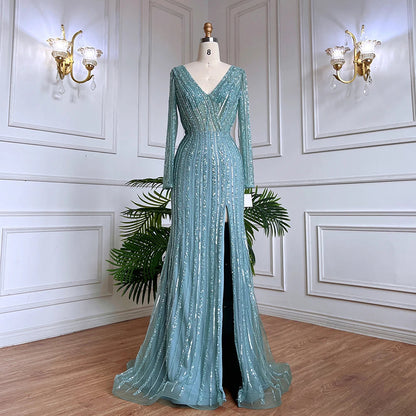 Silber Blau Meerjungfrau Split Abendkleider Kleider 2025 Perlen Elegante Luxus Für Frauen Party LA71392 