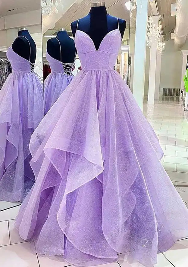 2025 Arabic Lilac Elegant Spaghetti Strap Backless A-Line Prom Dress for Women | Wedding Party LA72676