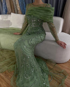 Nude Crystal Mermaid Evening Dress with Overskirt Long Sleeves LA72348