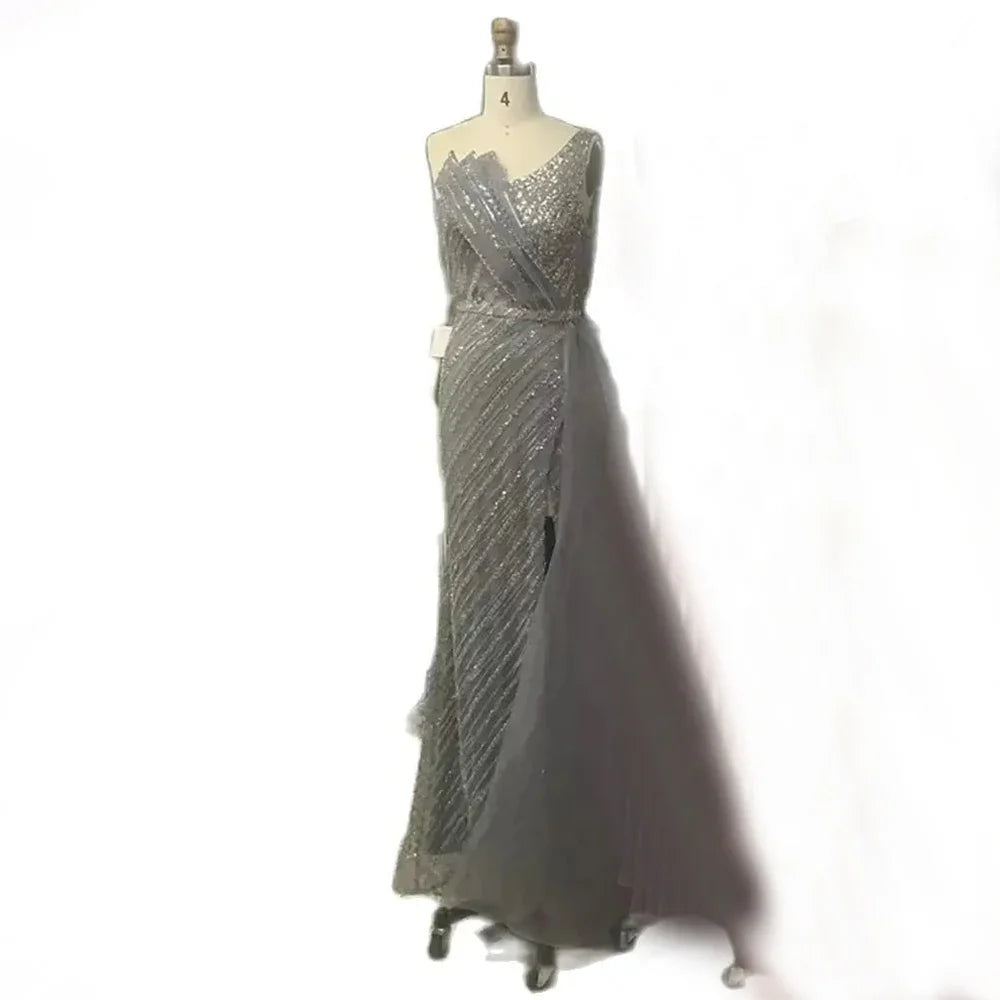 2025 Blue One Shoulder Split Saudi Evening Gown with Beaded Side Overskirt Dress for Formal Occasion LA72732