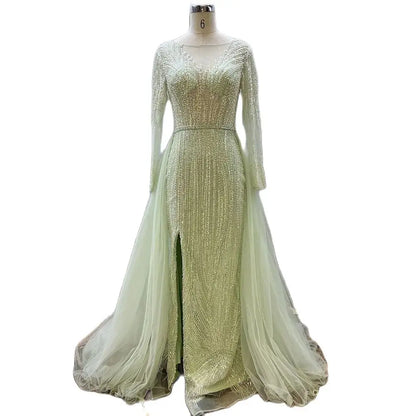 Vestidos de noche árabes de sirena con sobrefalda y cuentas, color rosa, de lujo, para bodas de mujer, LA72584 