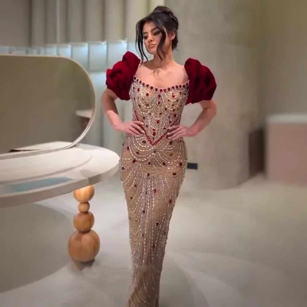 Luxuriöse Abendkleider mit Perlen und eleganten Puffärmeln, mit Perlen verziertes Design LA72903 