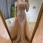 Gold Meerjungfrau Elegant Eine Schulter Überrock Perlen Luxus Abendkleider Kleider 2025 Für Frauen Hochzeit Party LA72453 