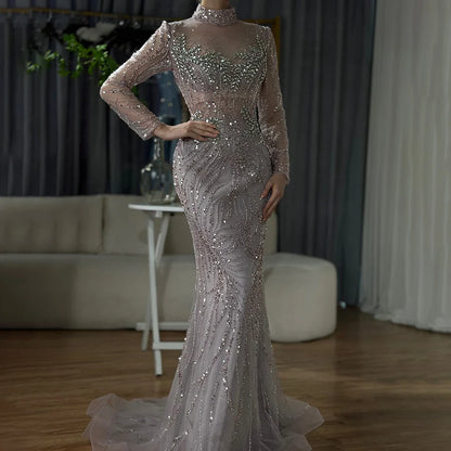 2025 Saudi Arabic Elegant Pink Mermaid Beaded Long Evening Gown for Formal Occasion LA72754