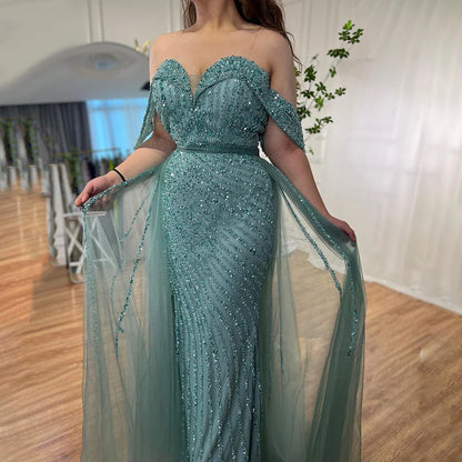 Nude Mermaid Elegant With Overskirt  Off  Shoulder Beaded Split Evening Dresses Gowns For Woman Party 2024 LA71728
